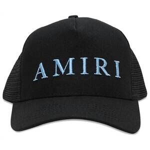 NEW AMIRI men's logo trucker hat in black/carolina blue